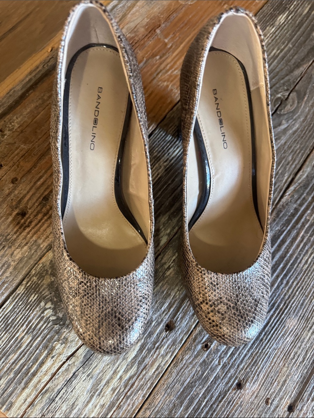 Bandolino Metallic Taupe Snake-Print Heels